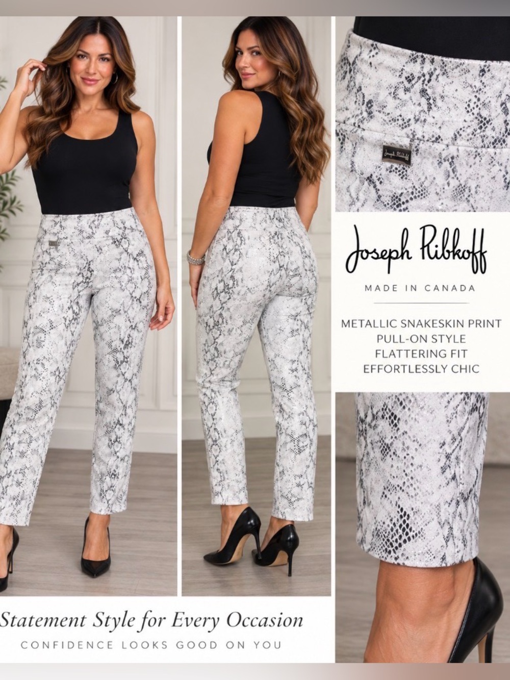Joseph Ribkoff Metallic Snakeskin Pull-On Pants Size 8 Silver White